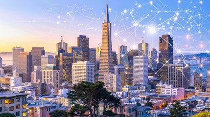 a graduation hat and interconnected lines mapping over a bustling cityscape, all viewed from above, merging the concepts of innovation and urbanization.