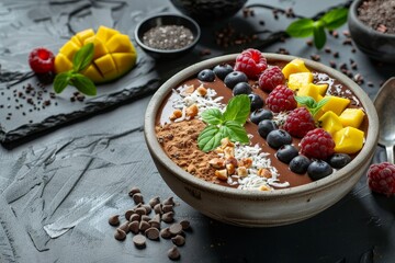 Vegan smoothie bowl with assorted toppings like mango raspberry blueberry coconut and chia seeds Emphasizes health clean eating and diet - obrazy, fototapety, plakaty