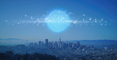 a graduation hat and interconnected lines mapping over a bustling cityscape, all viewed from above, merging the concepts of innovation and urbanization.