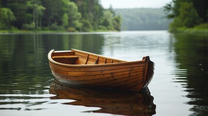 Close-up of a wooden rowboat floating peacefully on a calm lake, surrounded by lush greenery and...