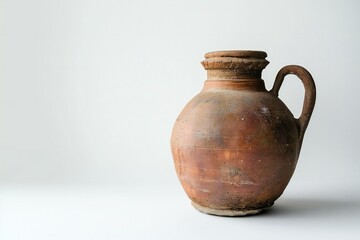 Old clay jug on a white background with copy space for text
