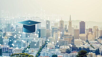a graduation hat and interconnected lines mapping over a bustling cityscape, all viewed from above, merging the concepts of innovation and urbanization.