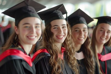 Joyful group of female graduates in red and black gowns smiling proudly during their graduation ceremony, embodying achievement and youth.

