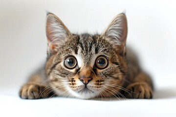 Cute little tabby kitten on white background, close-up