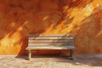 Bench in front of orange wall with shadow,   rendering