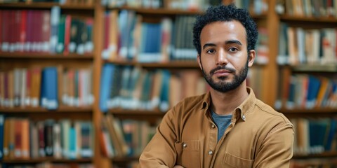 A young man in a brown jacket poses with confidence in front of bookshelves filled with various books in a library