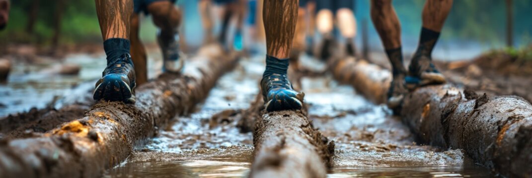 Gritty image showcasing the challenging experience of participants navigating through muddy terrain in an obstacle course race