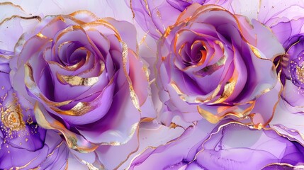 Pink, purple, gold roses and rose petals on white background with copy space for text. Golden alcohol ink watercolor floral bloom banner for Mother’s Day or mauve wedding stationery