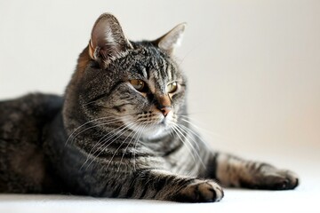 Portrait of a tabby cat lying on a white background