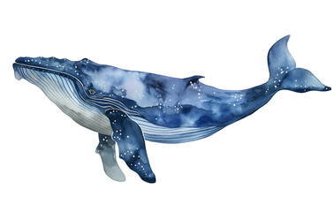 Watercolor simple cute blue whale, isolated on white background