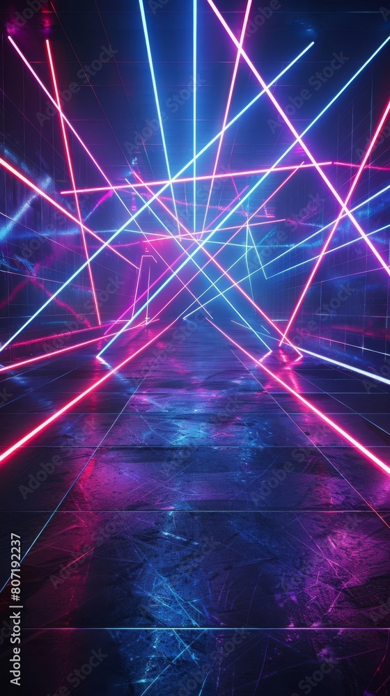 Poster vivid neon lines crisscrossing against a dark background, creating a dynamic and empty futuristic sc