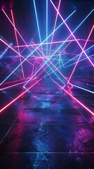 Vivid neon lines crisscrossing against a dark background, creating a dynamic and empty futuristic scene ideal for technology themes - obrazy, fototapety, plakaty