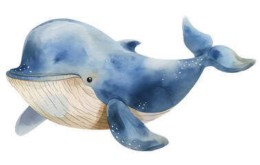 Fototapeta premium Watercolor simple cute blue whale, isolated on white background