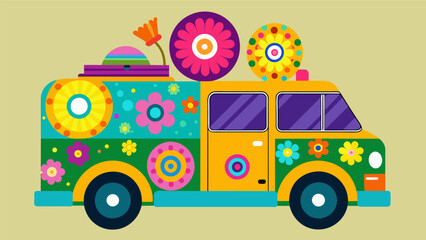 A vibrant mobile vinyl van decked out in colorful flowers and equipped with a funky disco ball record player turning an ordinary block into a lively Vector illustration