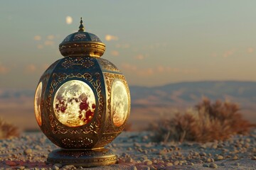Lantern in the desert at sunset,  Ramadan Kareem greeting card