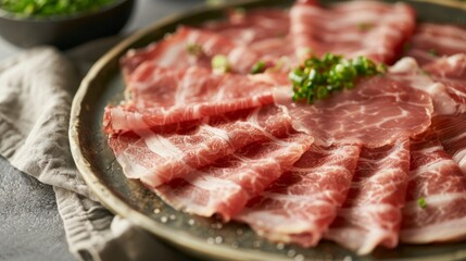 Fototapeta premium Close-up of thinly sliced meat arranged on a plate, ready to be cooked in a hot pot, showcasing the freshness and quality of the ingredients.