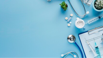 Creative flatlay of doctor medical equipment blue table with stethoscope, medical documents, thermometer, syringe and pills, Health care concept, Top view with copy space for your text