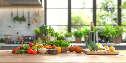 Freshly picked organic vegetables and fruits on a wooden table in a bright kitchen interior with large windows, in the background