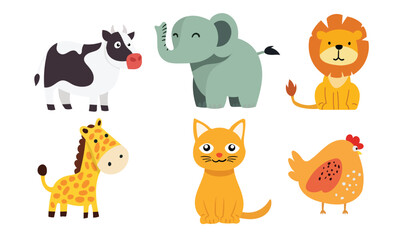 Collection of cow, elephant, lion, giraffe, cat, and chicken clipart in flat vector style