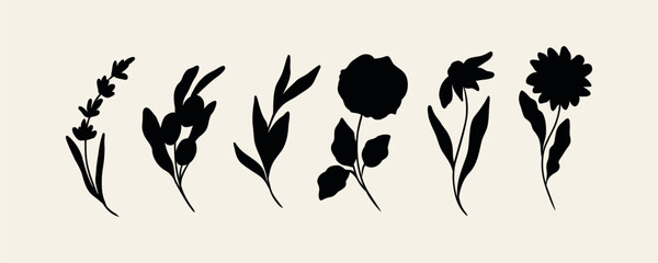Flat vector flowers and branches set