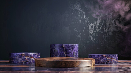 Mystical amethyst and wooden podiums on a dark background with a purple mist.