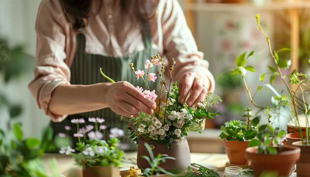Woman making ikebana at table in room, closeup