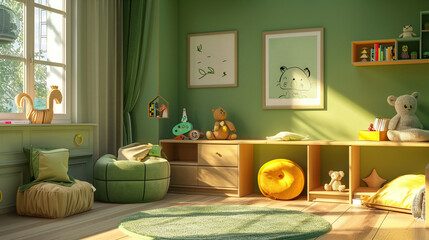 _A brightly lit, green-themed nursery with a soft, inviting aesthetic and a mix of modern and vintage toys and furniture._