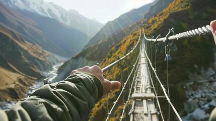 Backpacker crossing a suspension bridge in Nepal, close-up on gripping hands, dramatic mountainous landscape