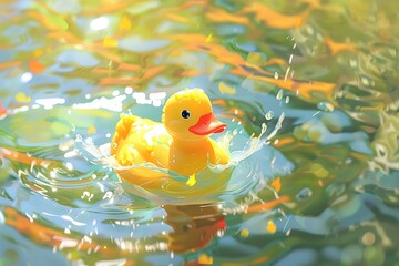 Playful Rubber Ducky Dancing Through Sunlit Pond with Splashing Ripples and Vibrant Colors