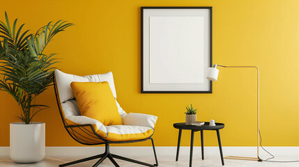 Yellow armchair and table with potted plant near picture frame on yellow wall in interior home decor, 3d render