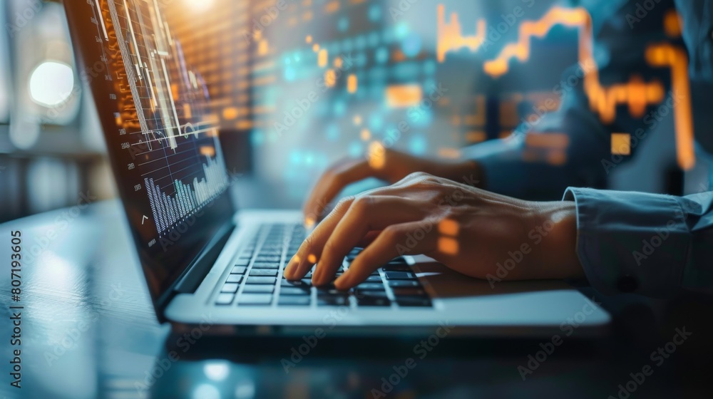 Aufkleber Hands typing on a laptop keyboard with financial charts on the screen, highlighting digital technology and data-driven decision-making in business.
