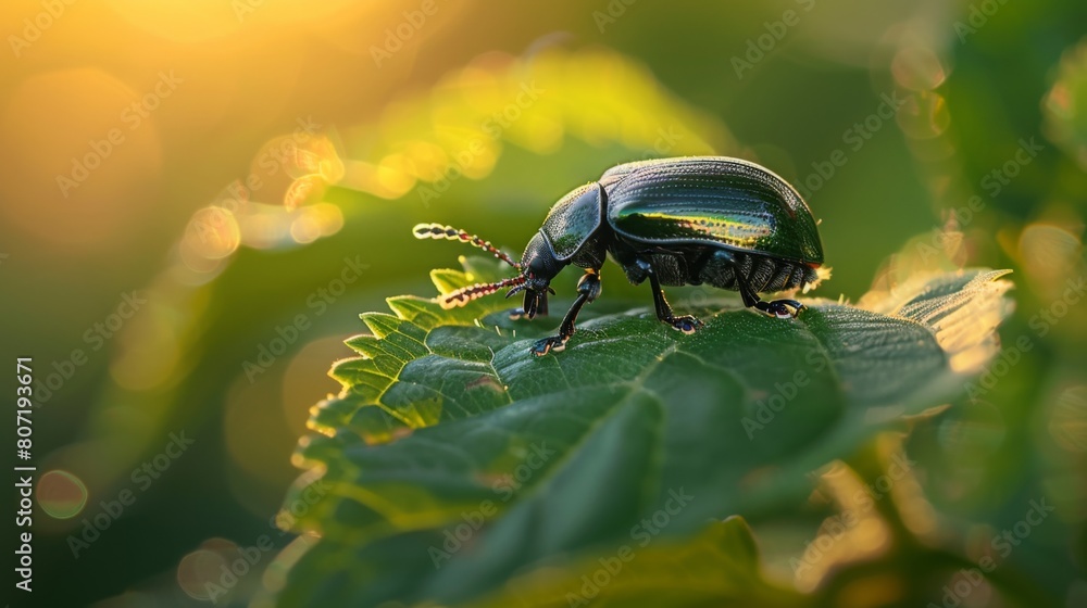 Poster macro shot of a beetle crawling on a leaf, its shiny exoskeleton reflecting the sunlight against the