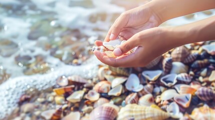 Tourist collecting seashells by the shore, close-up on hands picking colorful shells, soft focus ocean waves 