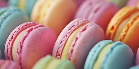 Colorful Macaroons sweet cakes set. Many assorted different pastel colours french macarons cookies. Food banner for menu, boutique, store. Pastry shop card. Copy space. Confectionery, cafe, restaurant