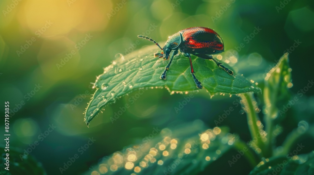 Poster macro shot of a beetle crawling on a leaf, its shiny exoskeleton reflecting the sunlight against the