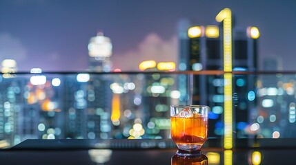 Traveler admiring city skyline from a rooftop bar, close-up on cocktail glass, glittering buildings behind 