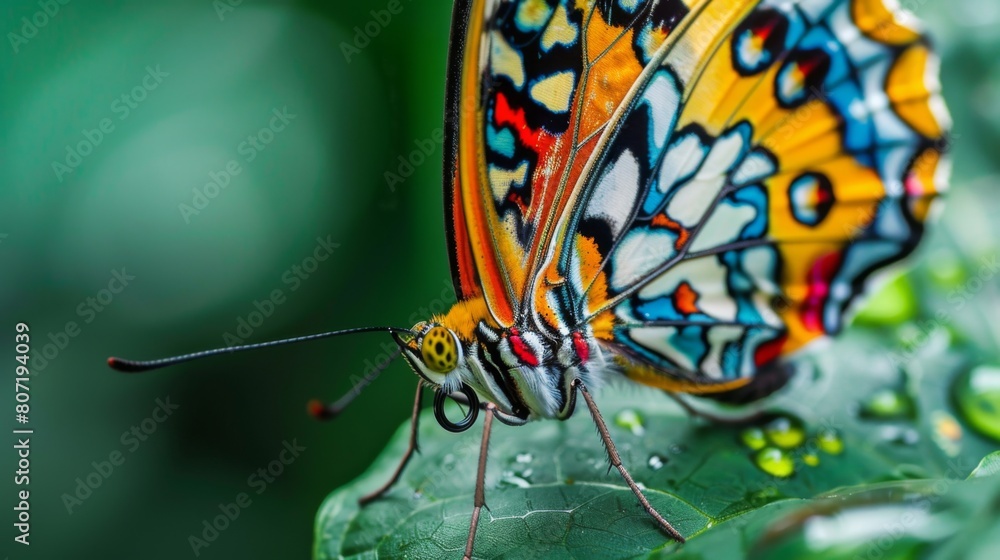 Poster Macro shot of a butterfly resting delicately on a leaf, its wings adorned with intricate patterns and vibrant colors.