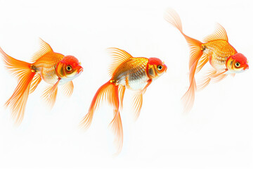 Three goldfish gliding in sync