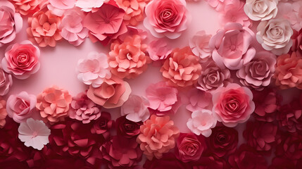  pink background with Pink and red flowers, empty copy space, Wedding Day , show product, romantic background , love