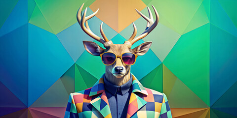 A stylishly dressed figure with a deer head and a human body, wearing red sunglasses, poses confidently against a multicoloured geometric background. AI generated.