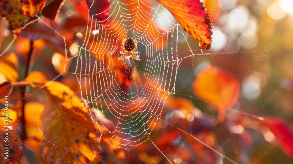 Poster macro shot of a spider weaving its intricate web among the leaves, capturing the beauty and complexi