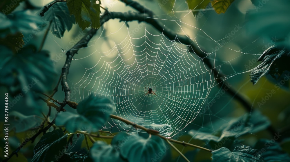Poster macro shot of a spider weaving its intricate web among the leaves, capturing the beauty and complexi