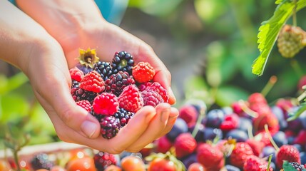 Tourist sampling freshly picked berries at a countryside farm, close-up on hands full of colorful...