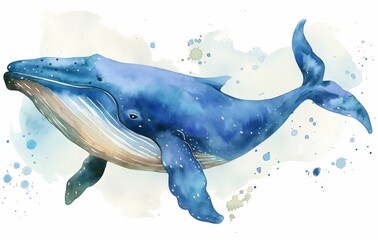 Watercolor simple cute blue whale, isolated on white background