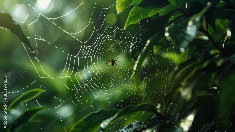 Poster Macro shot of a tiny spider spinning its web between two leaves, weaving intricate patterns with silk threads in the forest canopy.