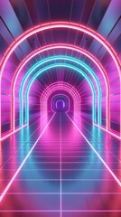 Abstract neon tunnel leading into a futuristic landscape