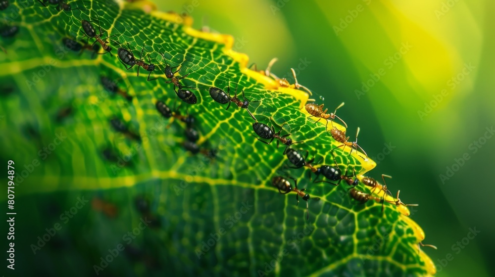 Poster macro shot of ants crawling on a vibrant green leaf, showcasing their industrious nature and intrica