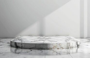 Marble podium on marble floor with white background.