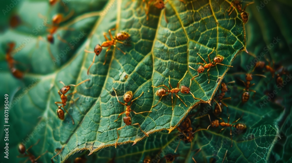 Poster macro shot of ants crawling on a vibrant green leaf, showcasing their industrious nature and intrica