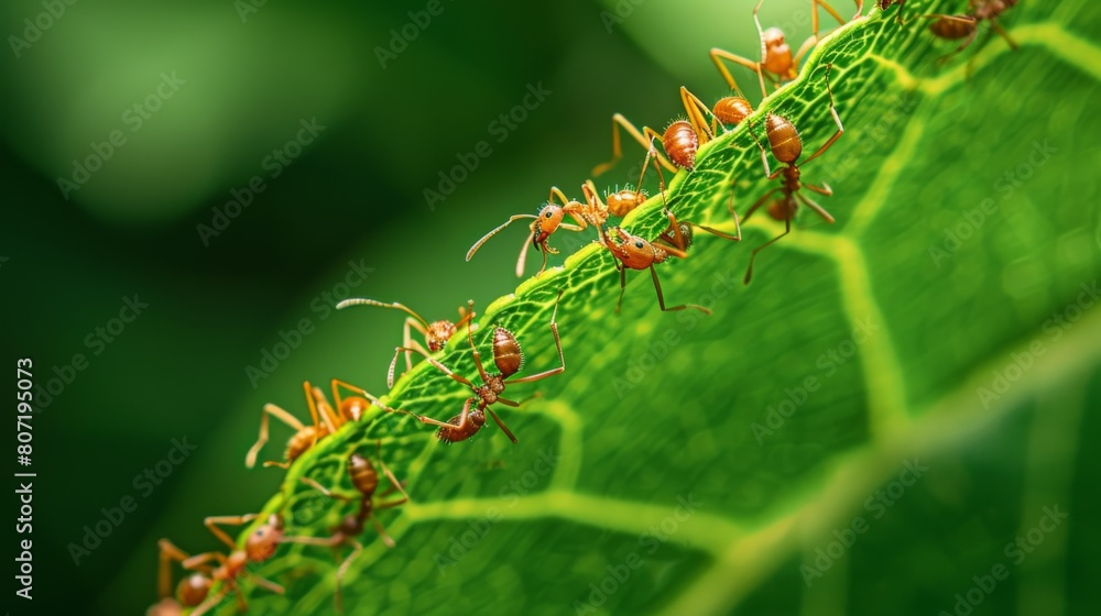 Poster macro shot of ants crawling on a vibrant green leaf, showcasing their industrious nature and intrica
